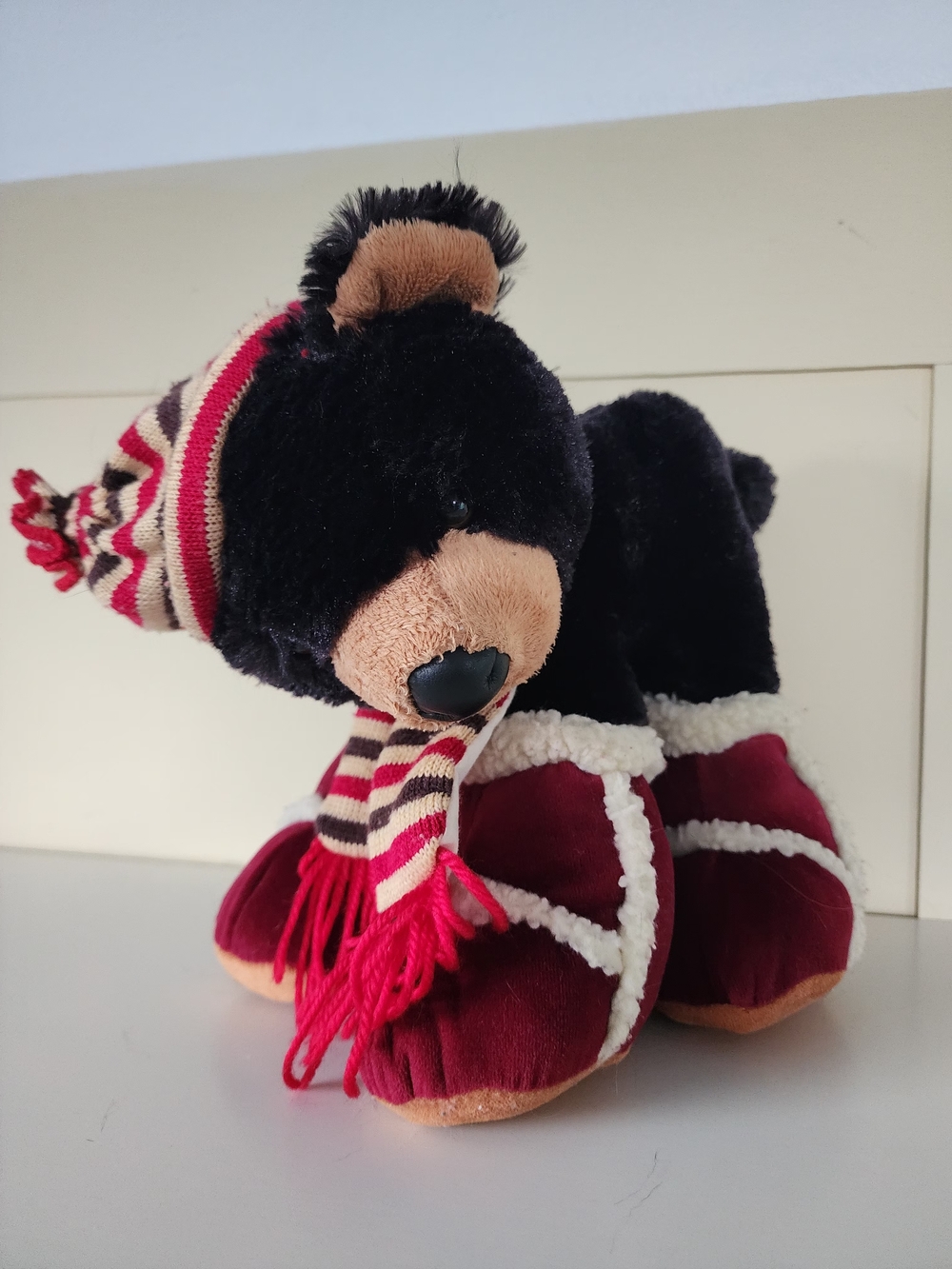 Plush Black Bear with Red Scarf & Booties